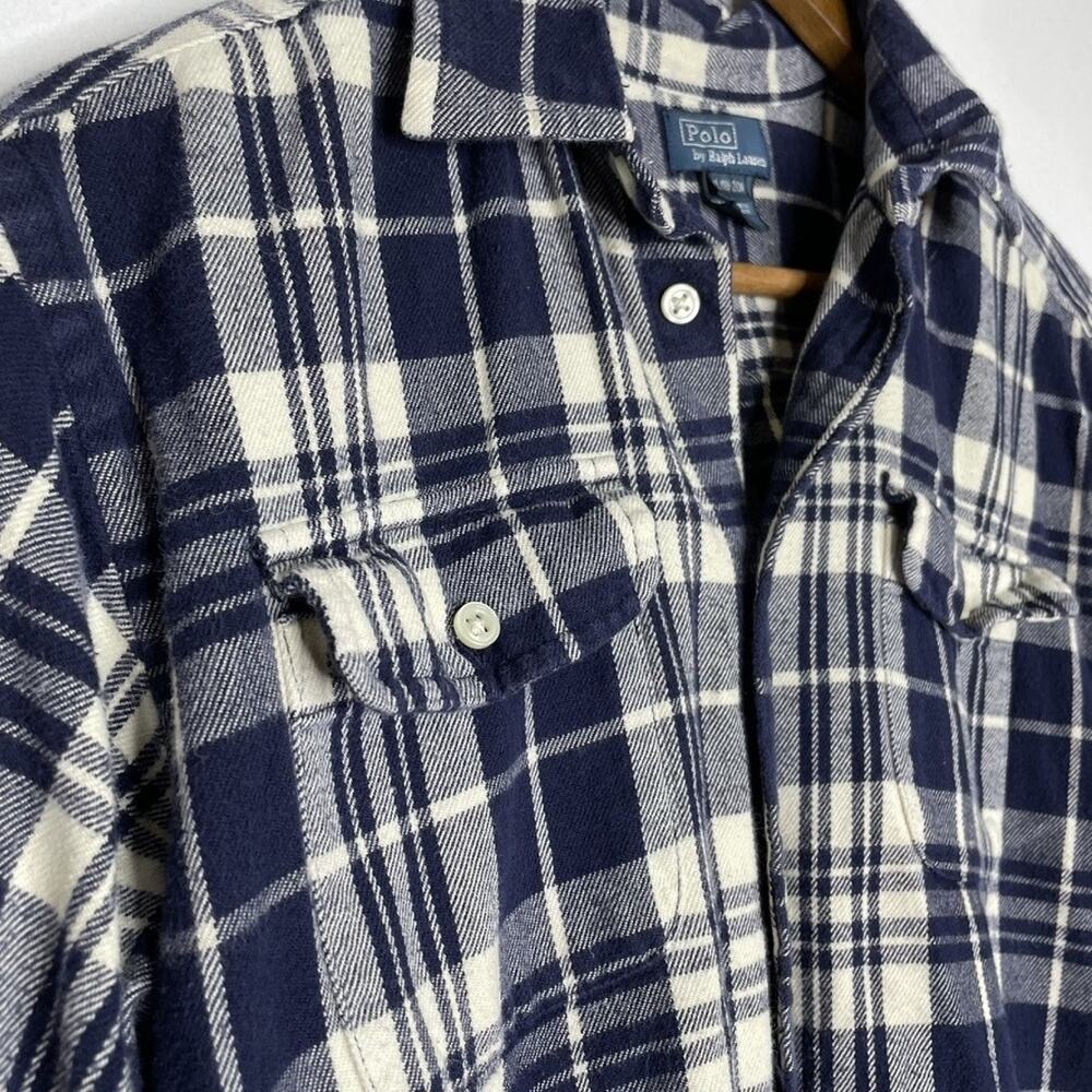 Polo Ralph Lauren Flannel Shirt Boys XL Blue Cream Plaid Elbow Patch Cotton